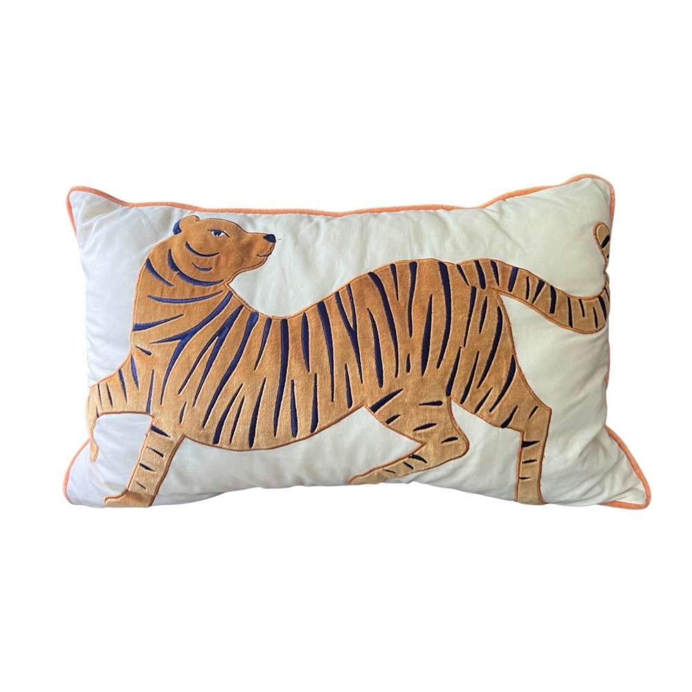 CRATE & BARREL KIDS Tiger Embroidered Throw Pillow ORANGE VELVET PIPING Cotton